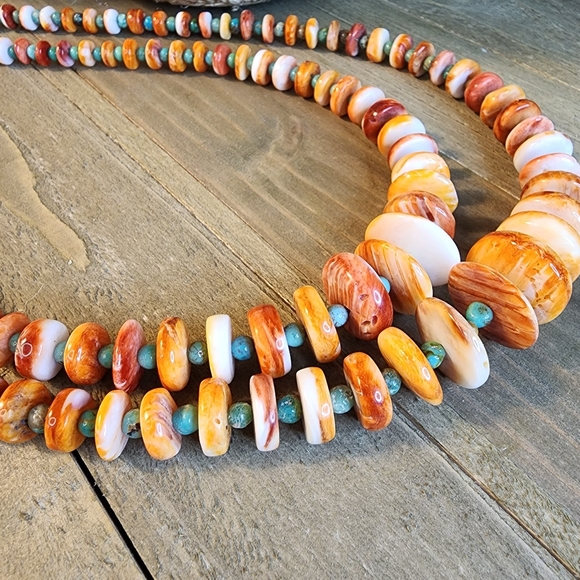 Navajo Helen Little Turquoise & Spiny Oyster Heishi 25" Double Strand Necklace - Picture 8 of 14